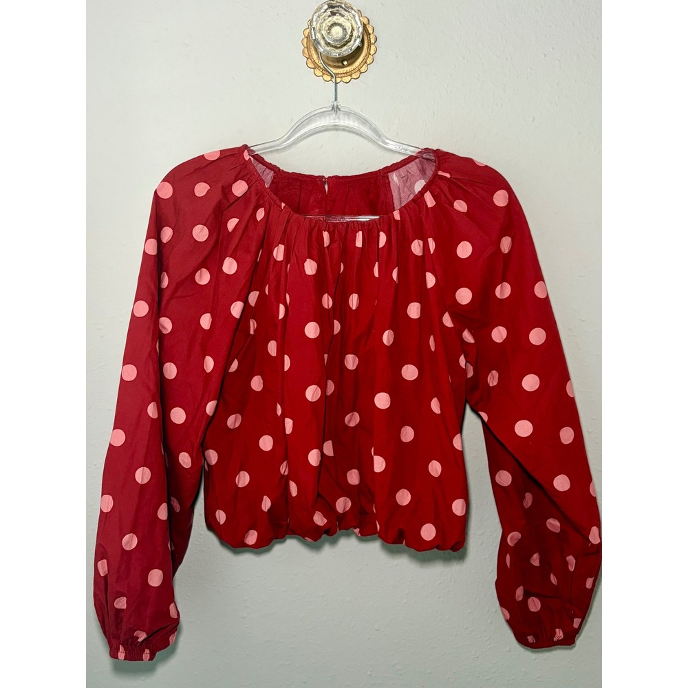 Maeve Anthropologie Small Red Pink Polka Dot Balloon Sleeve Blouse